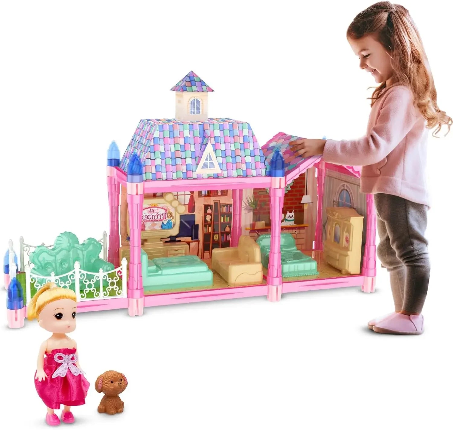 Luminous Doll House Dreamhouse for Girls Princess Playhouse Set with Dolls Furniture Accessories Pretend Play Birthday Gifts