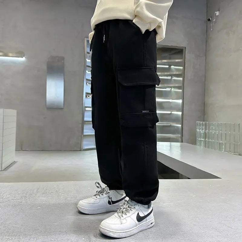 Boys Cargo Pants Spring Autumn Fleece-Lined Kids Casual Loose Long Pants Stylish Warmth Outdoor Playwear