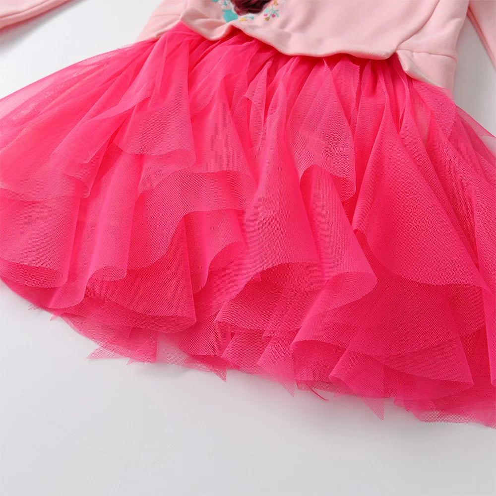 VIKITA Kids Hoodies Dress Girls Patchwork Pink Dresses Girls Sequined Butterfly Appliqued Mesh Tulle Princess Thick Tutu Dress