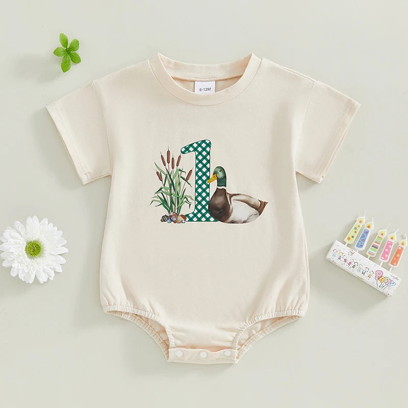 Toddler Boy Lightweight Cotton Romper Short Sleeve Round Neck Animal Print Loose Fit Jumpsuit for Summer Beach Party