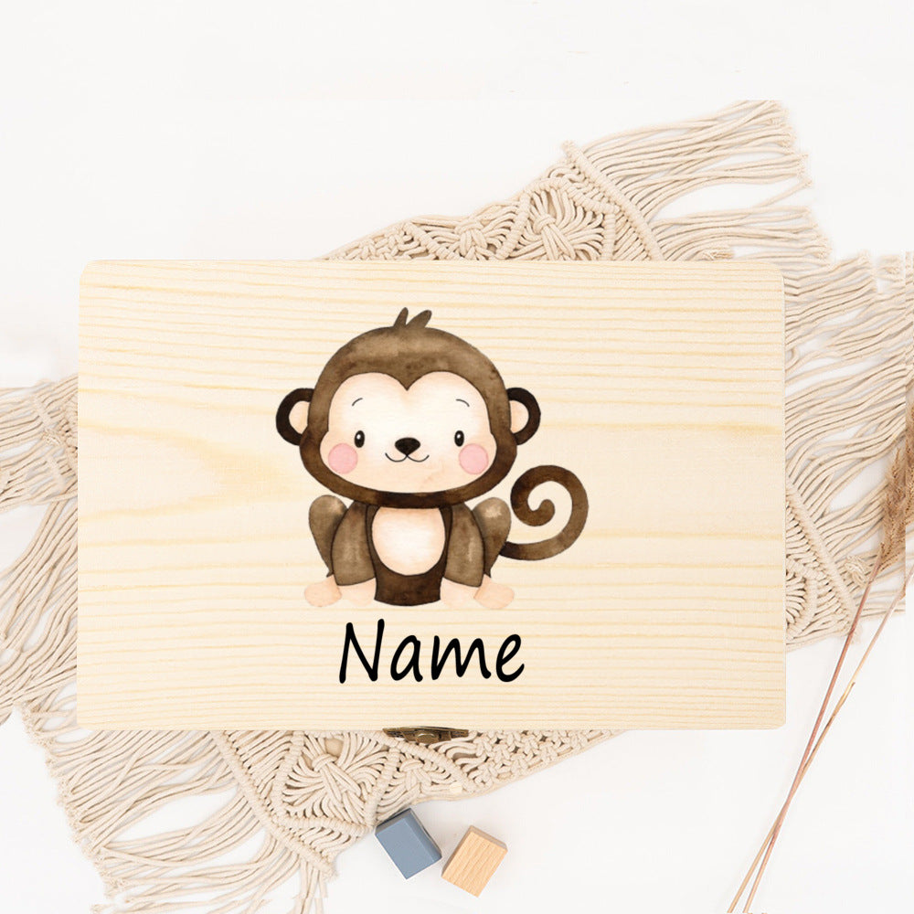 Personalized Baby Wood Box Cute Animal Print Toddler Memory Box Custom Name Infant Keepsake Box Newbron Shower Gift Kids Present