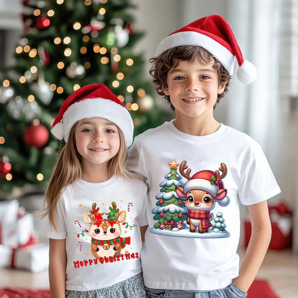 Christmas Fashion Kid Tee Top Round Neck Santa Claus/Tree/Snowman/Elk Print Shirt for Boy Girl Clothes Kids Unise