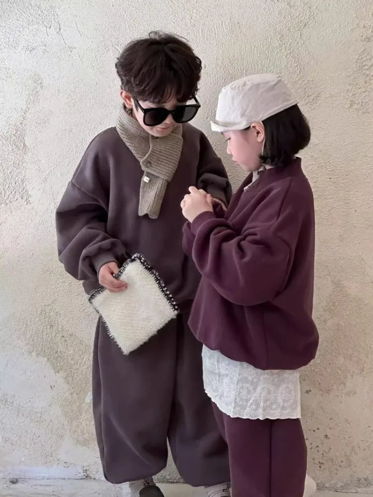 Fleece-Lined Sweatshirt Set 2025 New Children's Clothing Outdoor Clothes Boys Boys' Sets Korean Boy Outfit Top Bottom Kids Boy's