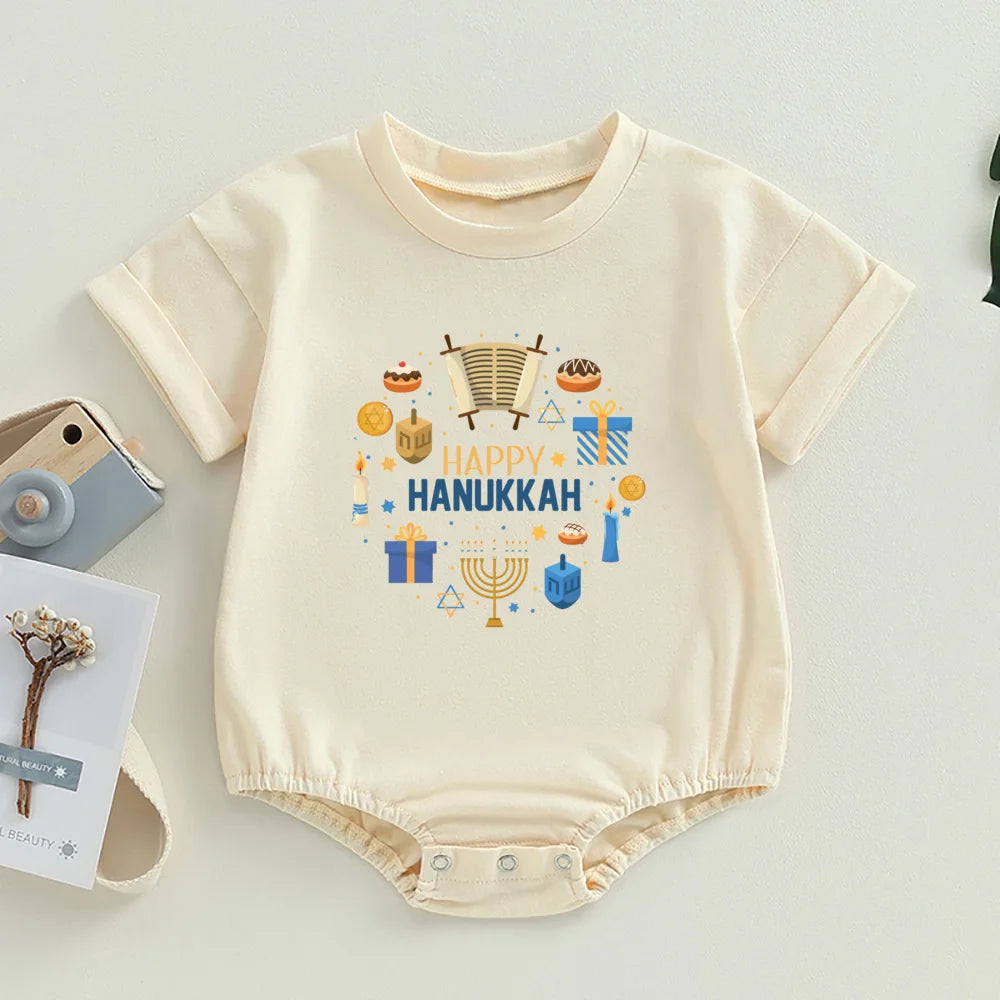 Happy Hanukkah Baby Bubble Romper Jewish  Oversized T-Shirt Romper Shirts Chanukah Boys Girls Clothes Hanukkah Infant Jumpsuit