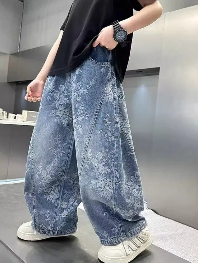 Kids' Casual Wide-Leg Jeans with Jacquard Print - Boys & Girls Big Kids Comfort Fit Spring Autumn Pants