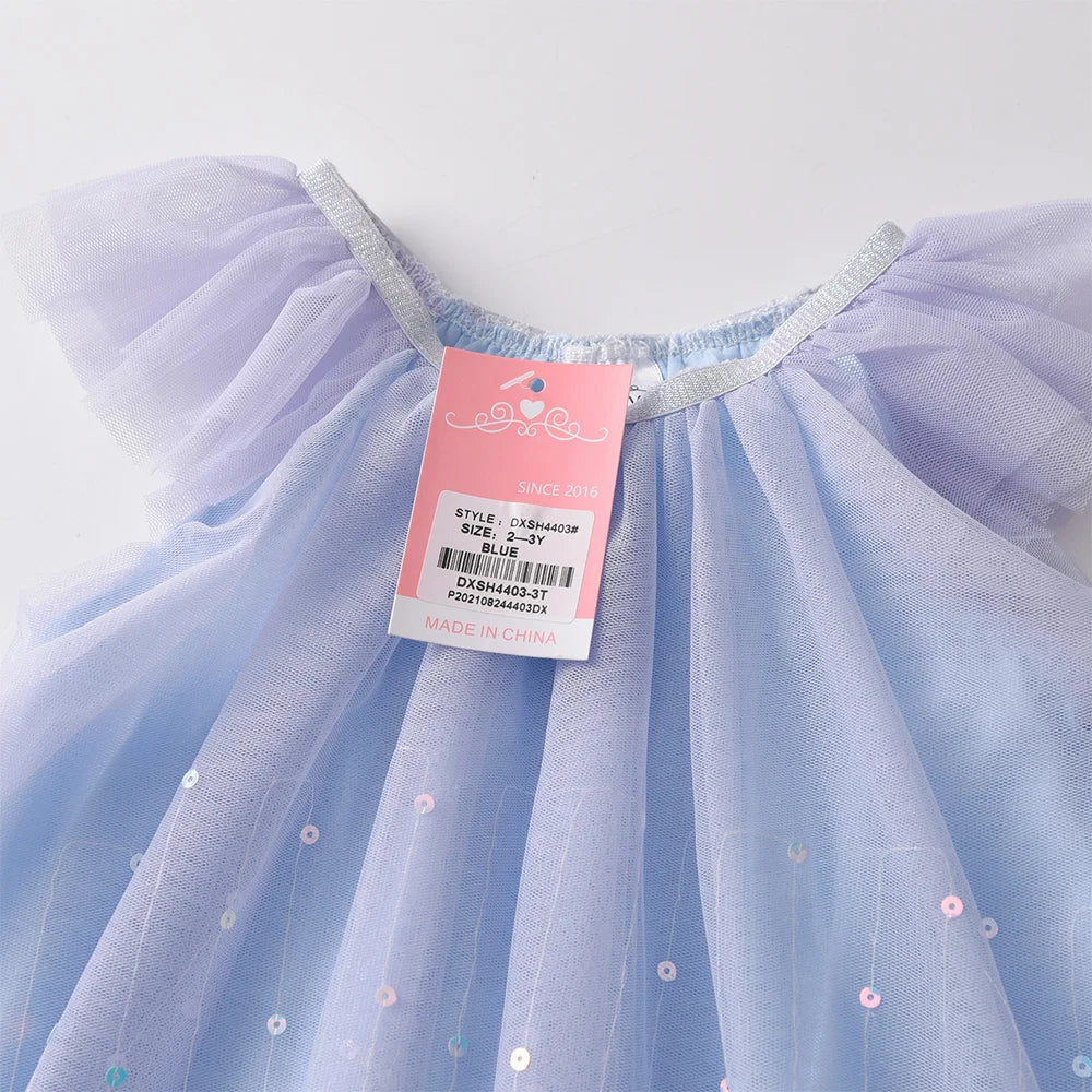 VIKITA Girls Light Blue Sleeveless Ruffled Tulle Shoulders Mesh Sling Dress Kids Fairy Elf Fashion Princess Party Frocks