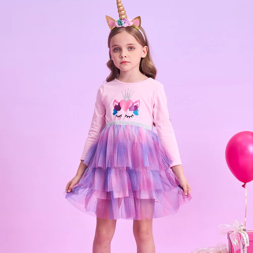 VIKITA Girls Unicorn Cartoon Print Dress Kids Long Sleeve Autumn Spring Pink Dress Girls O Neck Mesh Tulle Tutu Layered Vestidos