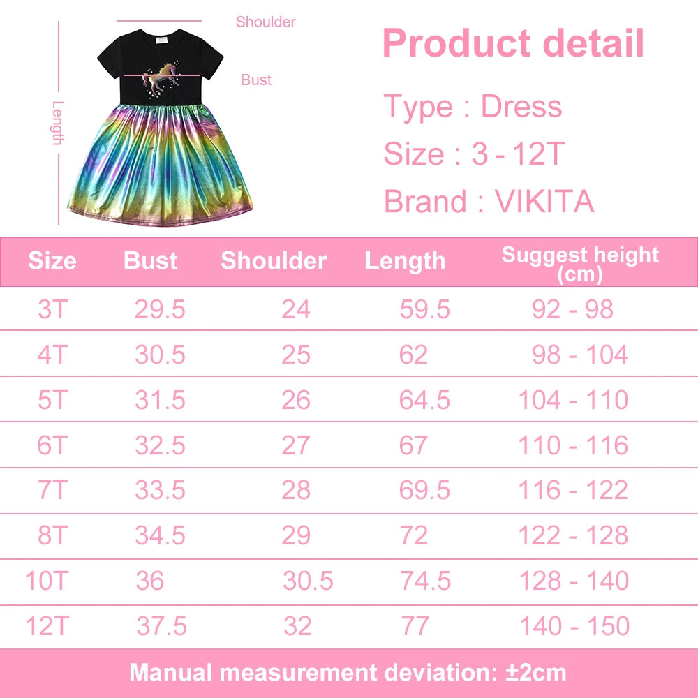 VIKITA Girls Unicorn Cartoon Dress Kids Short Sleeve Summer Dresses Girls Casual Shiny Patchwork Infantil Vestidos Kids Clothes