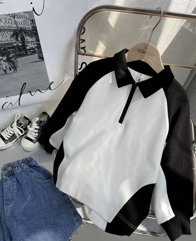 Boys' 2025 Spring/Autumn New Arrival Cotton Punk-Style Street-Savvy Trendy Polo Collar Sweatshirt - Stylish Baby Boys' Top