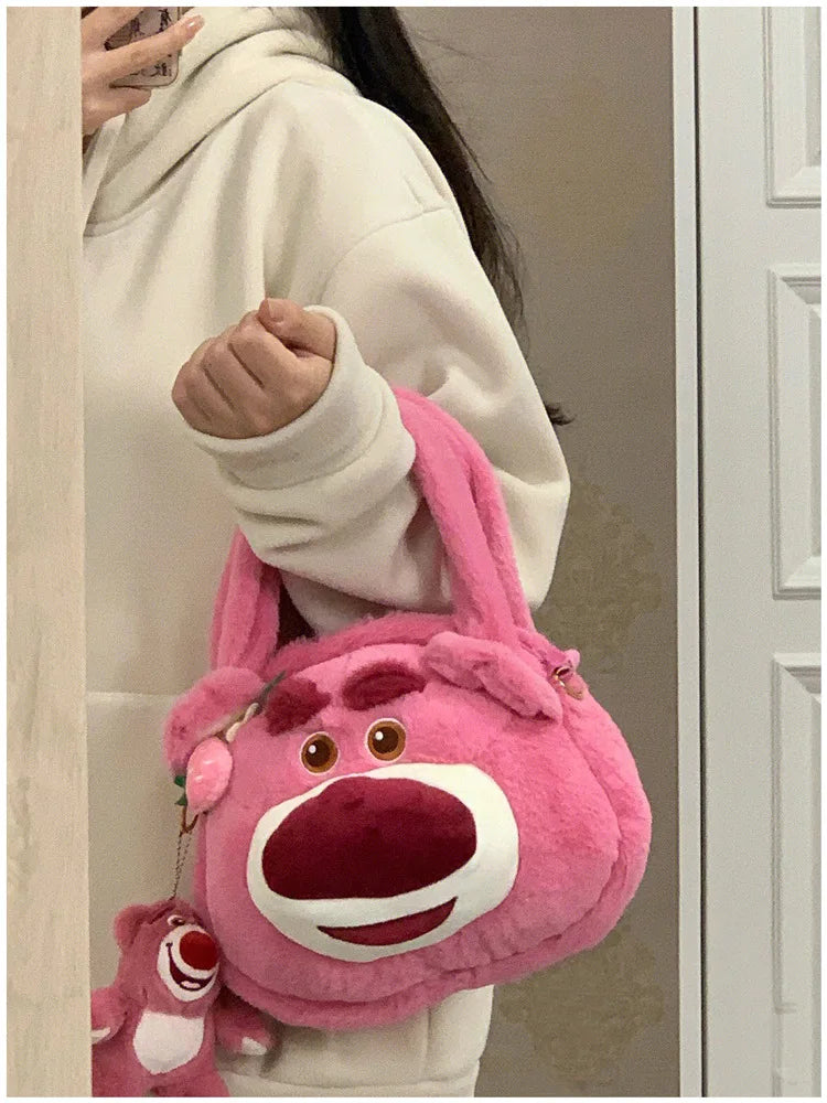 Disney Strawberry Bear New Girl Plush Shoulder Messenger Bag Cartoon Cute Girl Handbag Fashion Trend Plush Girl Bag High Quality