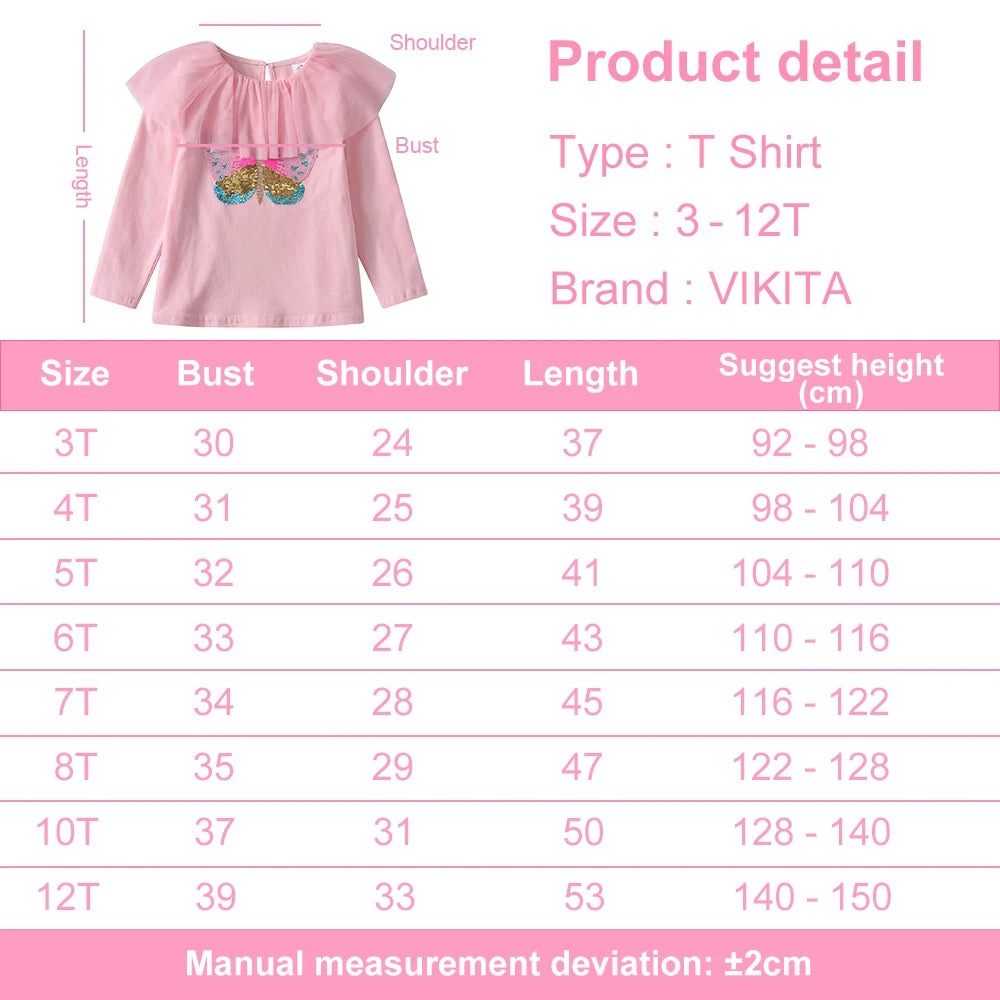 VIKITA Girls Butterfly Sequined Appliqued T Shirt Kids Pink Long Sleeve Cotton Casual Princess Tops and Tees Kids Clothes 3-8Y