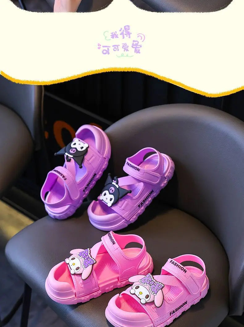 Sandals Girls Anime Kuromi Open Peep Toe Shoes Girly Summer Cute Cartoon Babys Purple Pink Slipper Kid Size 21-36