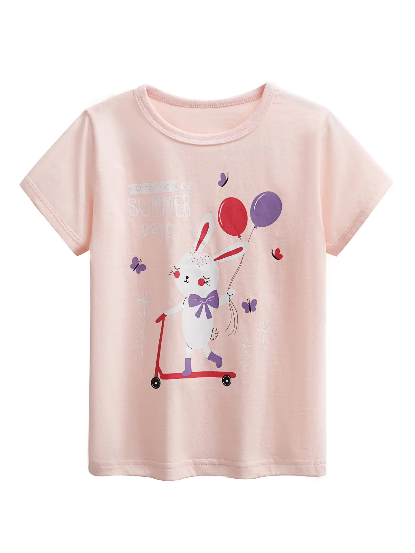 2025 Summer 2 3 4 6 8 10 Years Children Cotton Cartoon Star Bird Cat Rabbit Animal Print Short-Sleeve T-Shirt For Kids Baby Girl