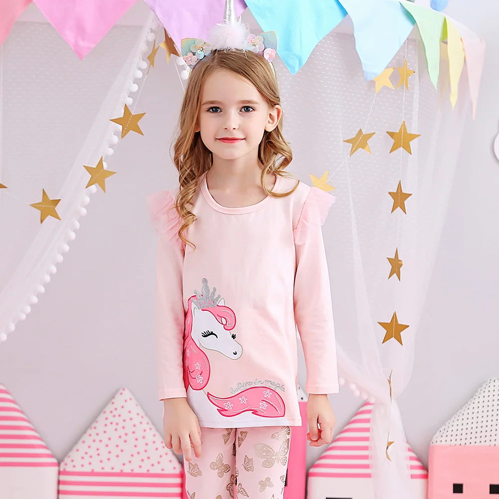 VIKITA Girls Pink T Shirt Kids Unicorn Cartoon Print Tops and Tees Girls Autumn Spring Winter Flare Sleeve Cotton Casual T Shirt