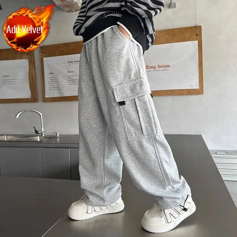 2025 New Boys Autumn Winter Fleece-Lined Sports Cargo Pants, Big Boy Streetwear Trends, Warmth & Comfort