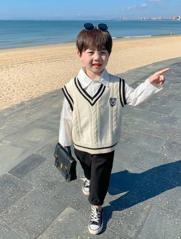 Boys' Knit Vest 2025 Spring Autumn New Preppy Style Kids' Outerwear Trendy Baby Boy Vest for School Casual Wear