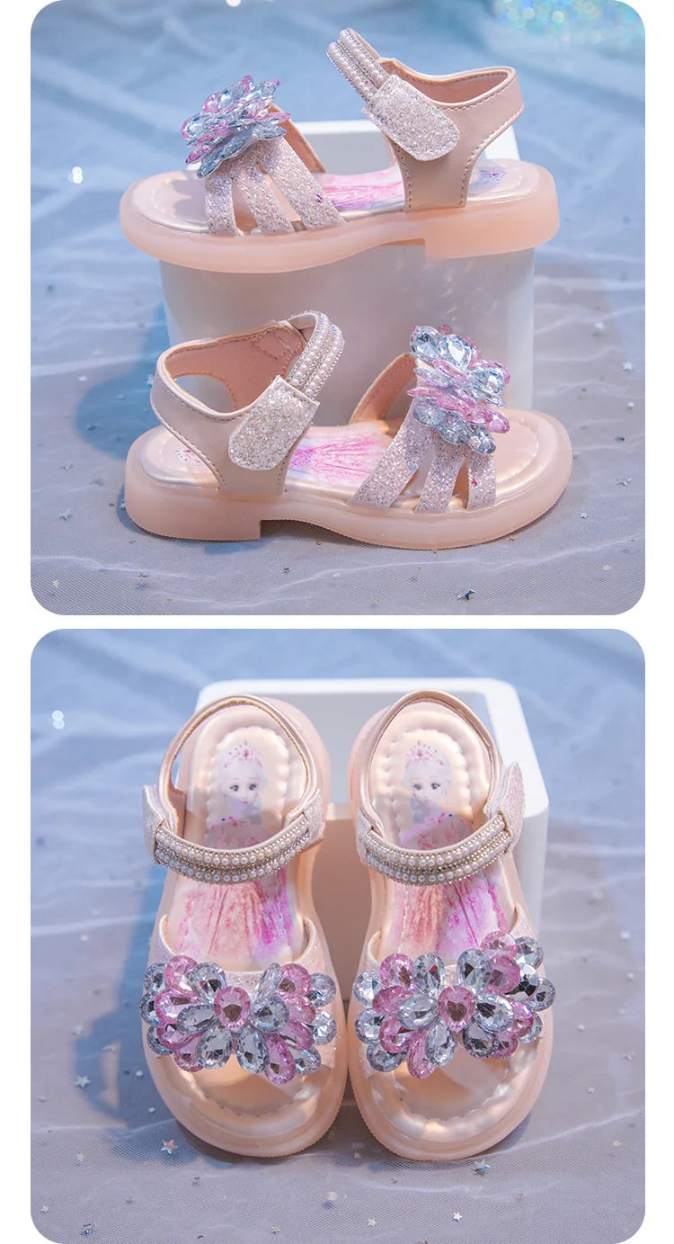 Kids' Sandals Elsa Princess Frozen PU Leather Crystal Summer Flat Shoes For Girls Breathable Anti-slip Blue Pink Size 23-33