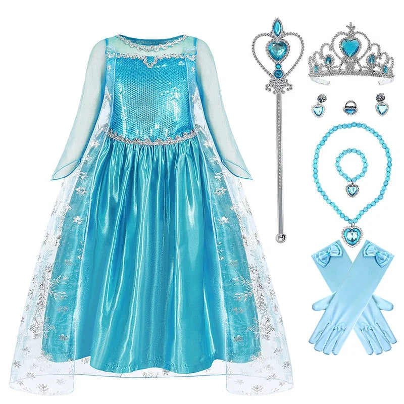 Disney Kids Girls Cosplay Frozen Elsa Anna Princess Dress Girl Mesh Ball Gown Carnival Birthday Clothes Snow Queen Elsa Costume