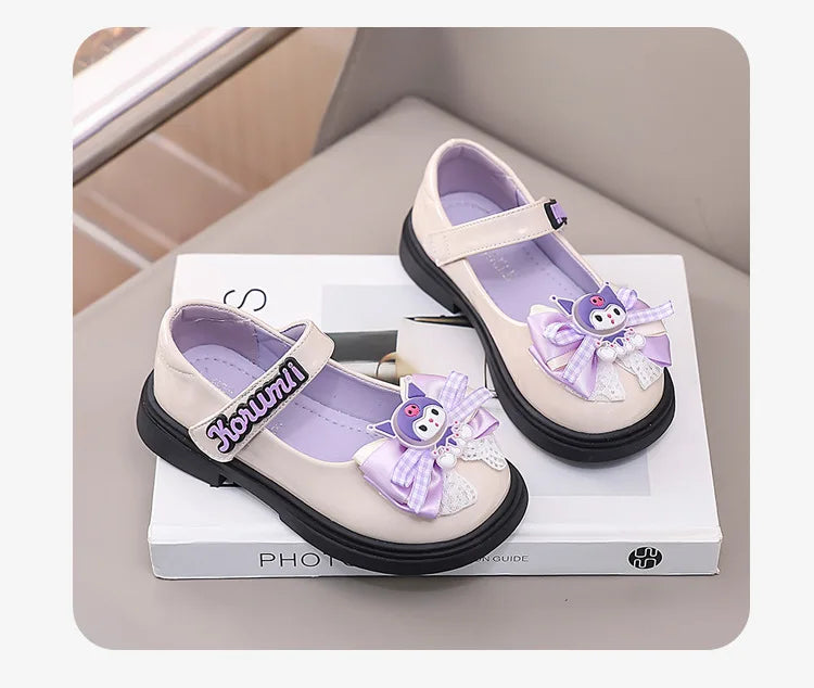 Kids'Sandals Kuromi PU Leather Bow Flat Spring Shoes For Girls Anti-slip Soft Thick Bottom White Black Shoes Size 26-36