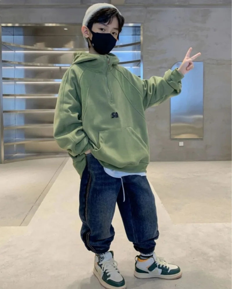 2025 New Boys' Mid-Large Spring-Autumn & Autumn-Winter Fleece-Lined Thickened Hooded Hoodie - Trendy Streetwear Boys' Top