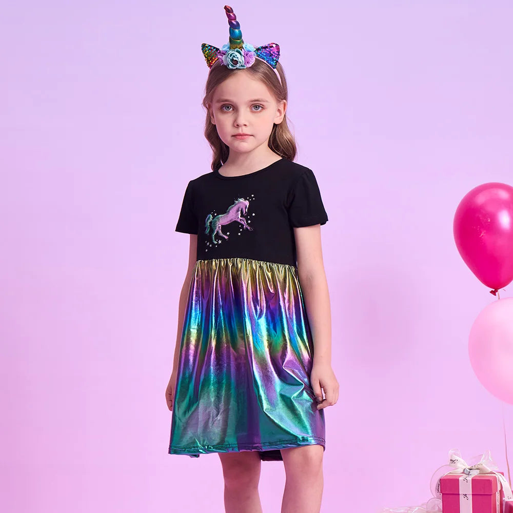 VIKITA Girls Unicorn Cartoon Dress Kids Short Sleeve Summer Dresses Girls Casual Shiny Patchwork Infantil Vestidos Kids Clothes