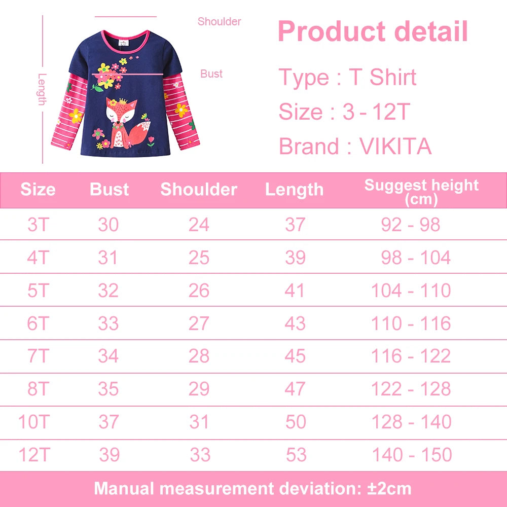 VIKITA Girls Casual Cute Long Sleeve Cotton T Shirt O Neck Squirrel Floral Print Navy Blue Tops Cotton Daily Wear Kids Clothing