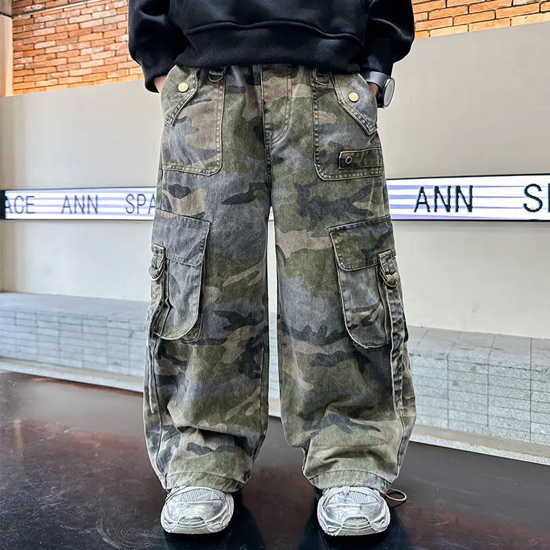 2025 New Boys Autumn Camouflage Tactical Pants - Kids Cargo Pants with Multiple Pockets, Trendy & Comfortable for 8-14 Years Old
