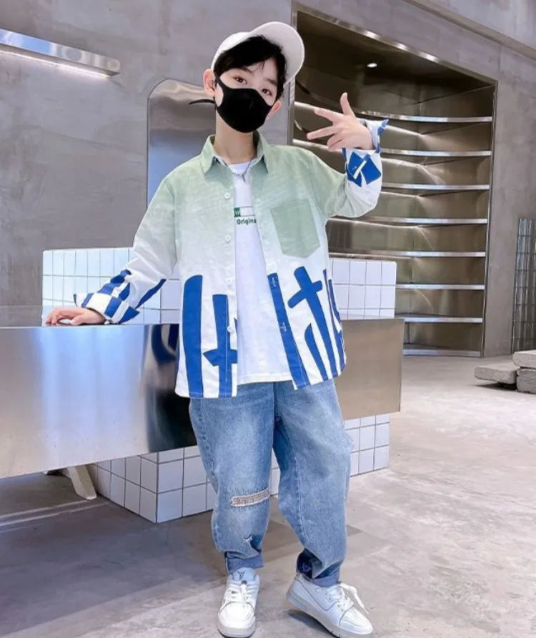 2025 Trendy Tween Boys Gradient Shirt Spring Autumn Summer Kids Clothing Hot Sale Unique Fashion Design