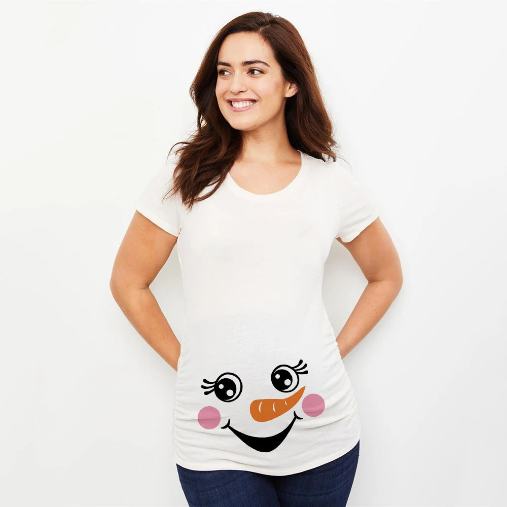 Christmas Pregnant Women T-shirt Snowman Cartoon Printed T Shirt Pregnancy Announcement Clothes Maternity White Short Sleeve Top