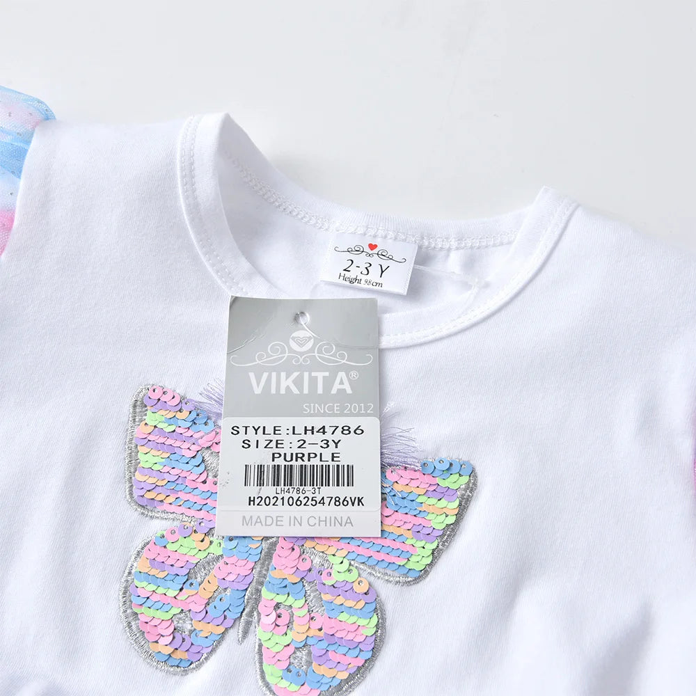 VIKITA Girls Long Sleeve Autumn Spring Dresses Kids Colorful Butterfly Sequined Appliqued Glittery Gradient Princess Mesh Frocks