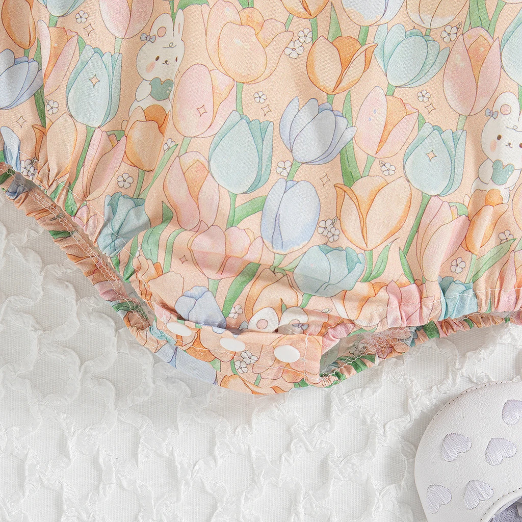 Summer New Cute Bunny Baby Girl Jumpsuit, Sweet Flower Children'S Clothes With Free Bow Headband For Babies Aged 3-18 Months