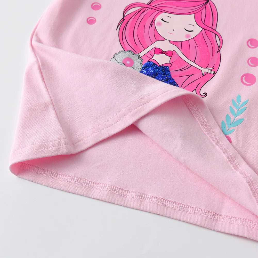 VIKITA Girls Mermaid Print Cartoon T Shirt Kids O Neck Summer Short Sleeve T Shirts Girls Pink Cotton Casual Tops and Tees Wear