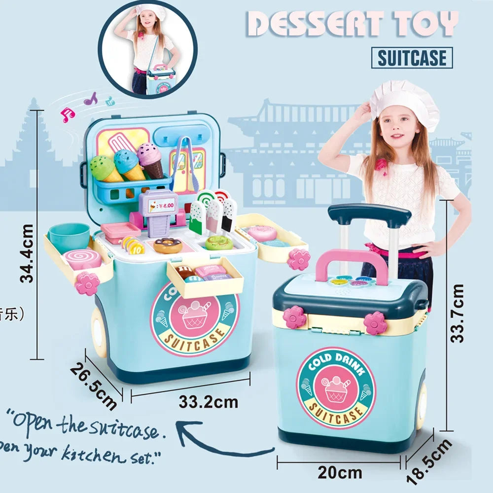 Ice Cream Shop Pretend Play Set Suitcase Cart Toys for Kid Dessert Doctor Play Set with Storage Trolley Table Gift for Boy Girl