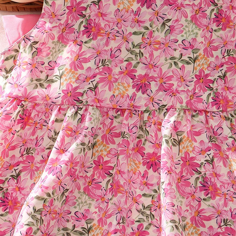 Summer New Floral Baby Girl Dress, Sweet Rose Red Bow Children'S Clothing With Free Hat For Babies Aged 9 Months To 3 Years