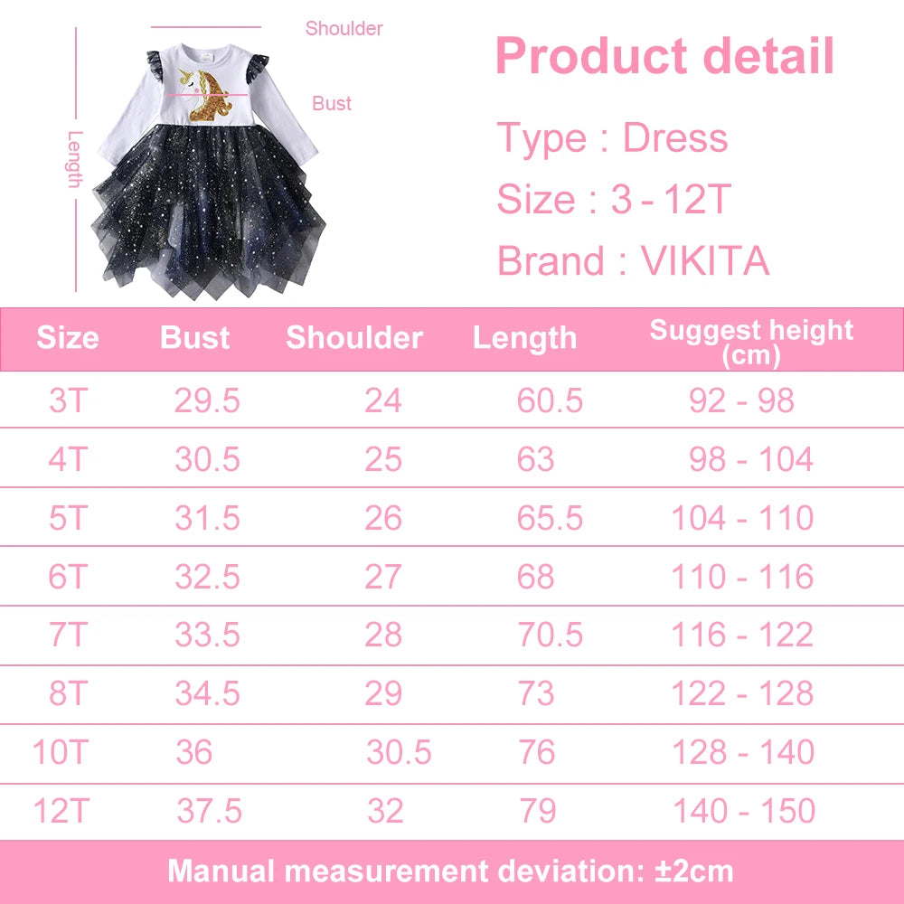 VIKITA Kids Licorne Sequins Appliqued Dress Girls Flare Sleeve Autumn Spring Patchwork Shiny Irregular Tutu Princess Dresses