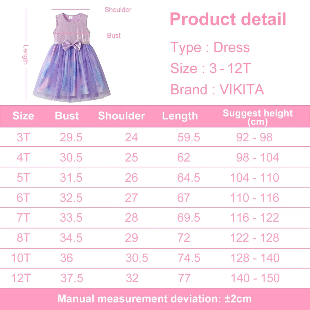 VIKITA Girls Mermaid Print Dress Kids Summer Sleeveless Dresses with Bow Knot Girl Princess Party Prom Gown Beach Vacation Dress
