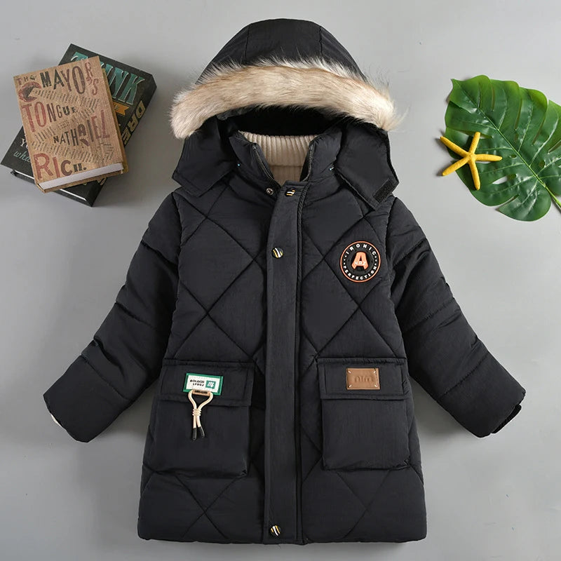 New Winter Boys Jacket Long Style Letter Print Thick Warm Hooded Coat Fur Collar Down Cotton Outerwear For 4-10 Years Kids