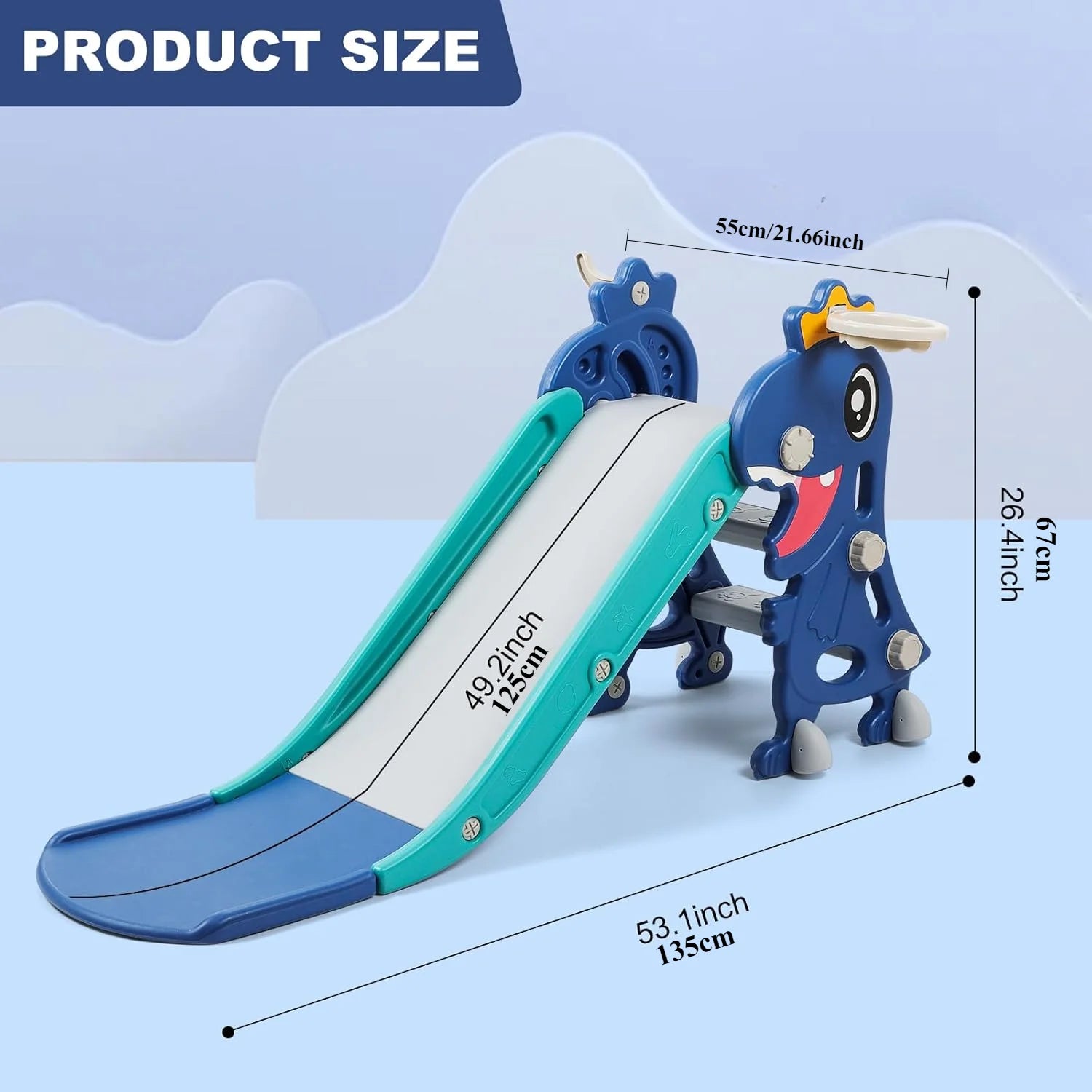 Dinosaur Slide Kids Toddler Indoor Slide Playset Indoor  Outdoor Playground Toddler Climber Playset with Basketball Hoop