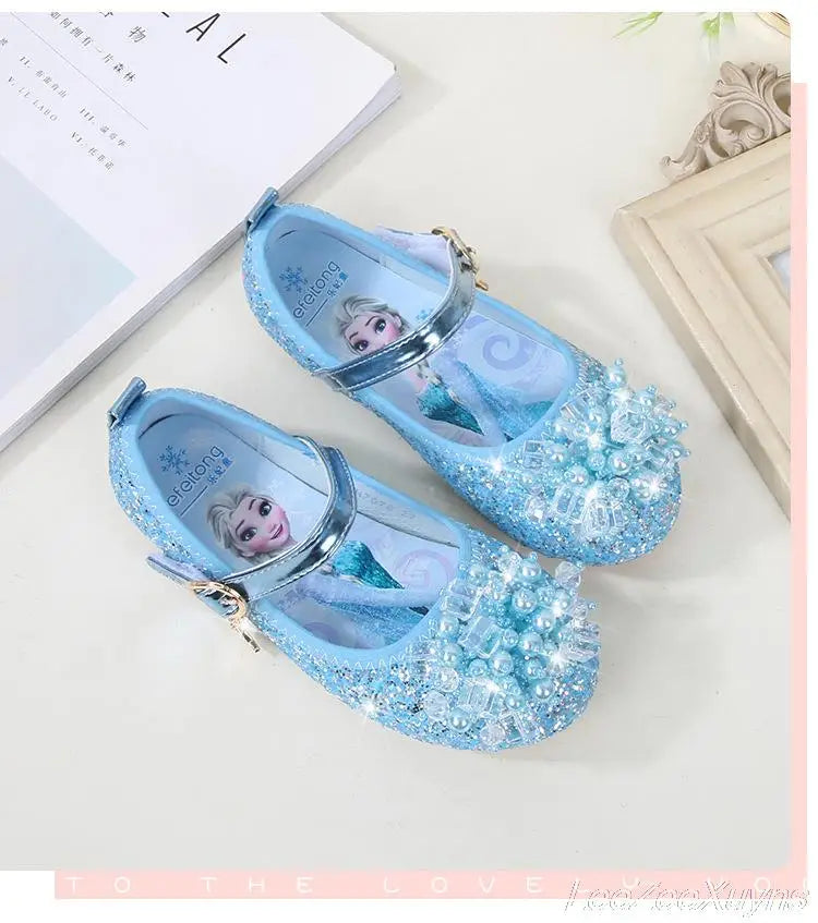 Disney Girls Princess Shoes Soft Sole Little Girl Frozen Children Crystal Casual Shoes Flat Leather Show Dance Shoes Size 22-36