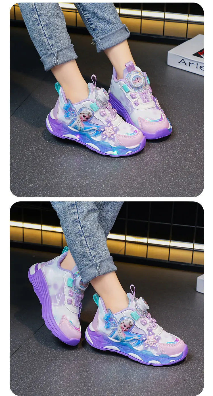 Disney LED Casual Sneakers Spring Girls Frozen Elsa Princess PU Leather Shoes Children Lighted Non-slip Pink Size 23-35