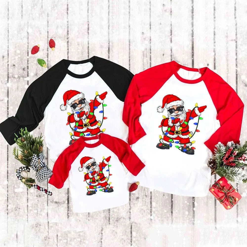 Christmas Santa Claus Family Matching Shirts Adult Kids Raglan Shirt Merry Christmas Family Shirts Xmas Party Outfits