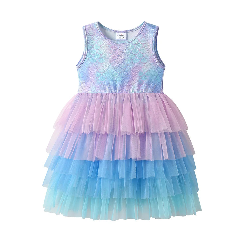 VIKITA Girls Fancy Fashion Dress Kids Summer Sleeveless Gradient Vestidos Girls Mesh Birthday Party Princess Tutu Cake Dress