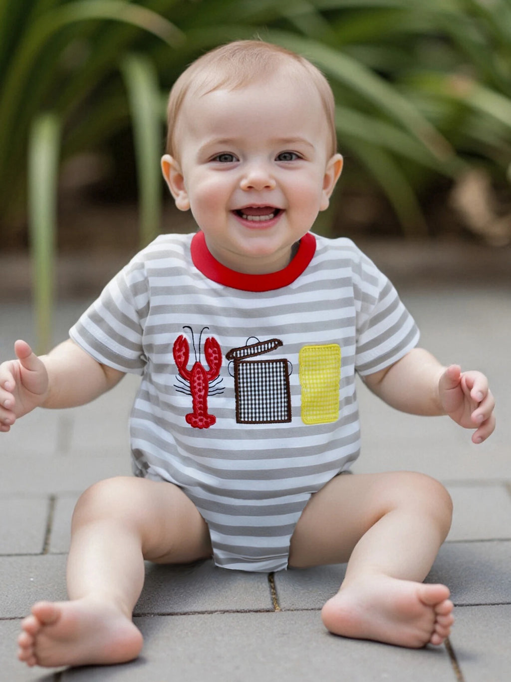 Toddler Boy Casual Striped Romper with Short Sleeves and Cute Lobster Embroidery Round Neck Summer Jumpsuit for Baby Boys