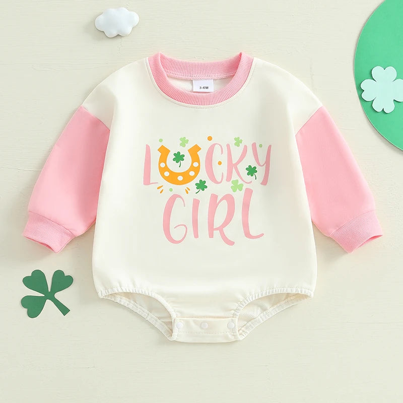 St Patrick s Day Toddler Jumpsuit Green Clover Print  Outfit Baby Romper Long Sleeve Crew Neck Bodysuit