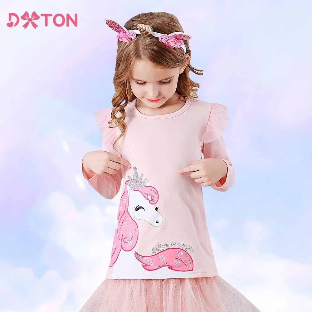 DXTON Spring Girls Long Sleeve T-shirts Children Cartoon Unicorn Girls Tops Toddlers Cotton Tees Solid Pink T shirts Outfits