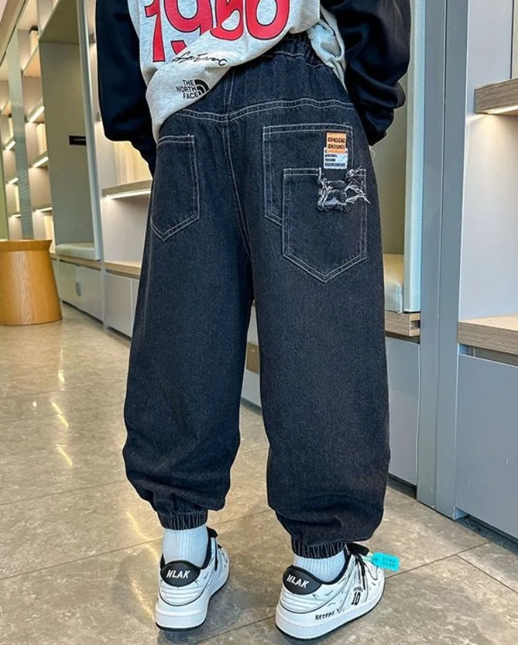 2025 New Boys' Denim Jeans Spring Autumn Kids Casual Sport Pants Long Korean Style Trendy Streetwear