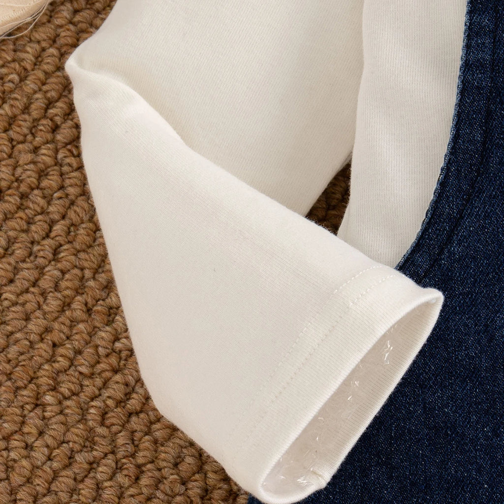 Spring And Autumn New Baby Girl Two Piece Set, White Long Sleeve Top+Beef Strap Skirt Children'S Clothing (9 Months -4 Years)