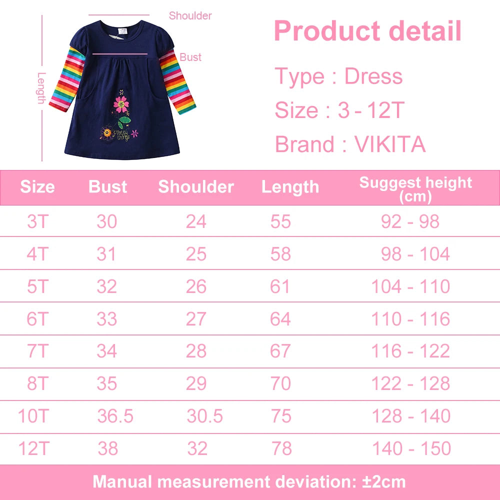 VIKITA Girls Flower Print Dress Kids Autumn Spring Long Dress with Pockets Girls Rainbow Striped Cotton Casaul Straight Dresses