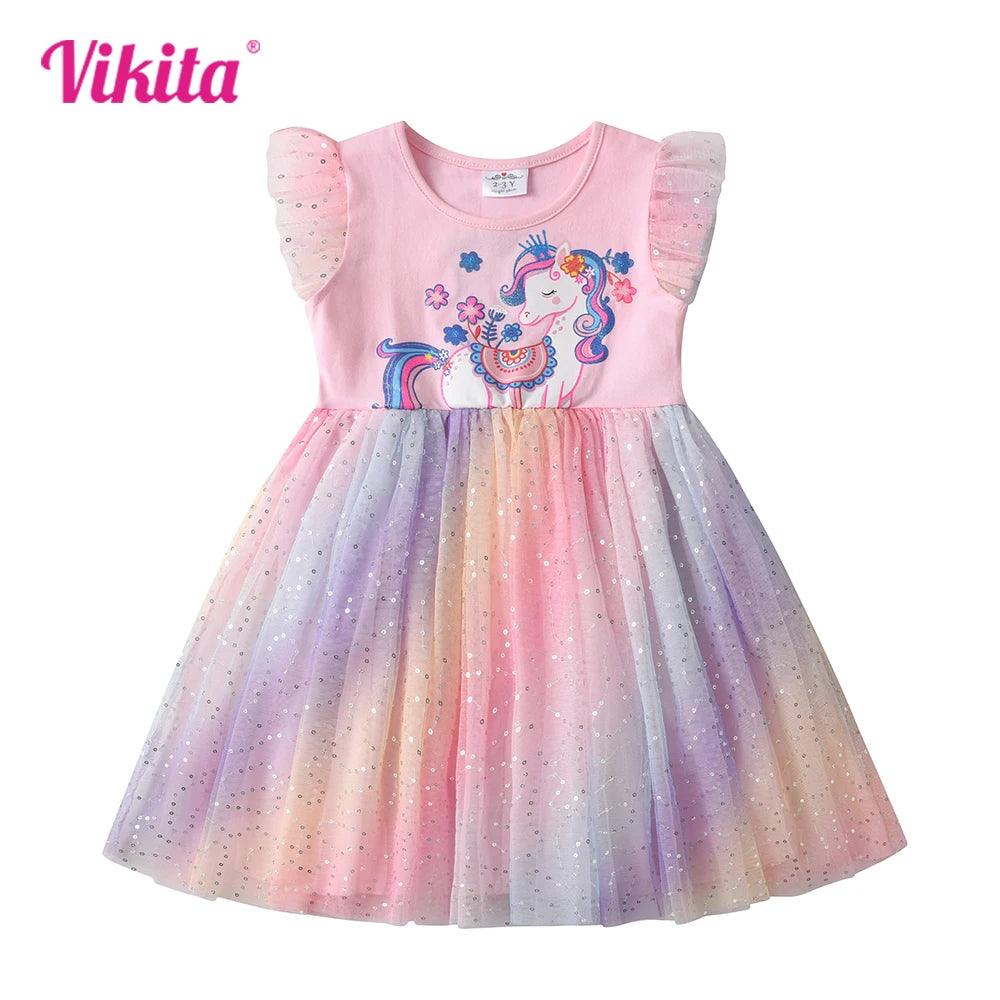 VIKITA Kids Flare Sleeve Summer Dress Girls Unicorn Flower Print Dresses Girls Pink Princess Birthday Party Gradient Cute Dress