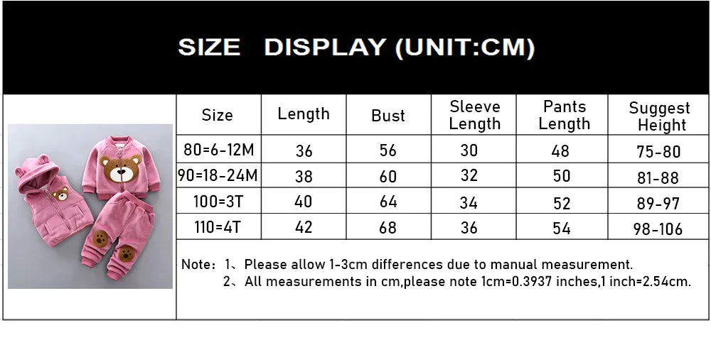 Autumn Winter Baby Boys Clothes Sets Thick Fleece Cartoon Bear Jacket Vest Pants 3Pcs Cotton Sport Suit For Girls Warm Outfits